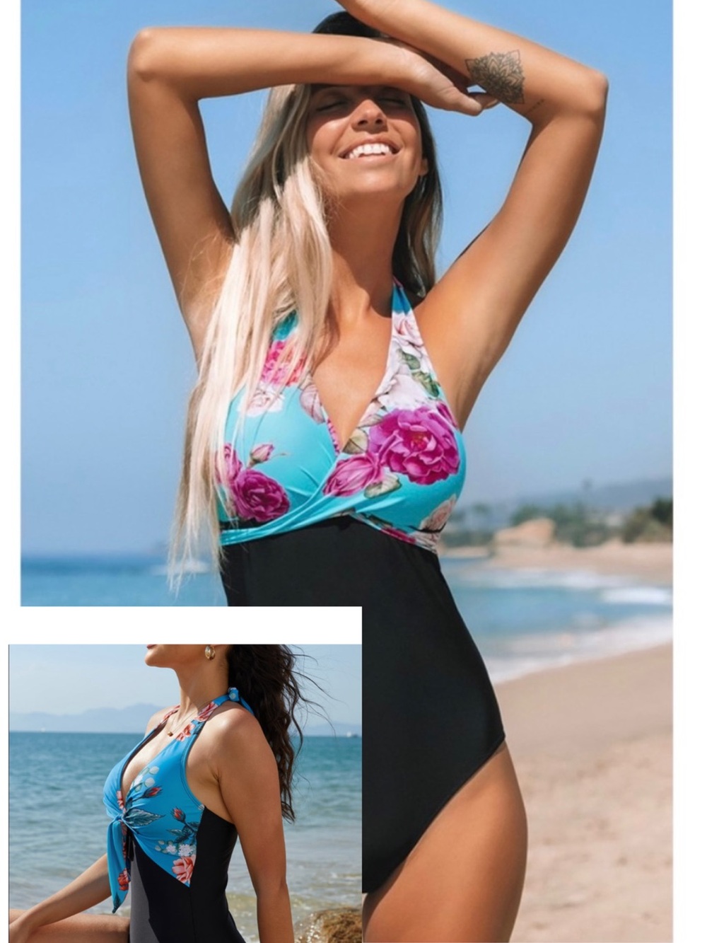 Bundle 2 NWT Cupshe Floral Halter One-Piece Swimsuits with Black Bottom